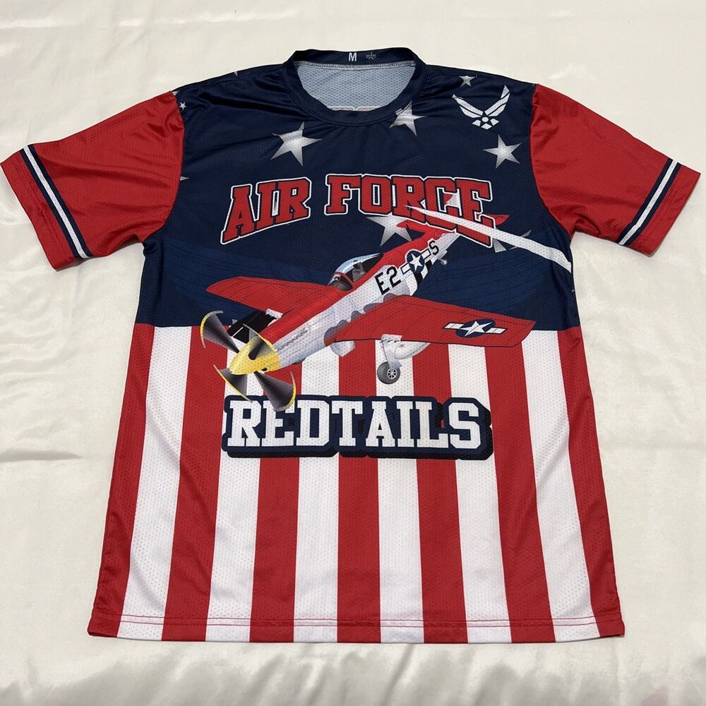 US Air Force Jersey Redtails AOP Mens M Red White Blue Short Sleeve EUC
